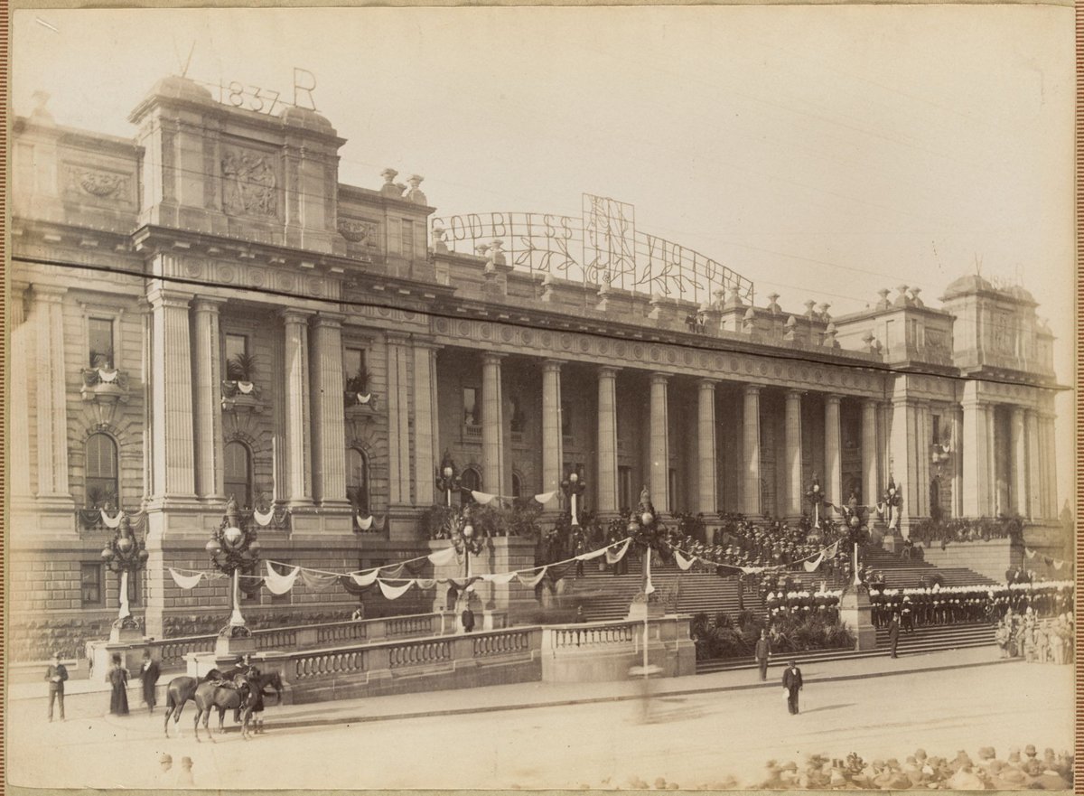 Parliament House Melbourne, decorated for Queen Victoria's Jubilee in 1897, East Melbourne (1892–1900)