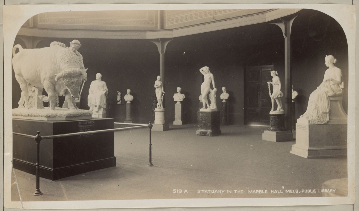 Statuary in the "Marble Hall", Melb[ourne] Public Library [the Rotunda with works by Charles Summers], Melbourne City (1886–87)