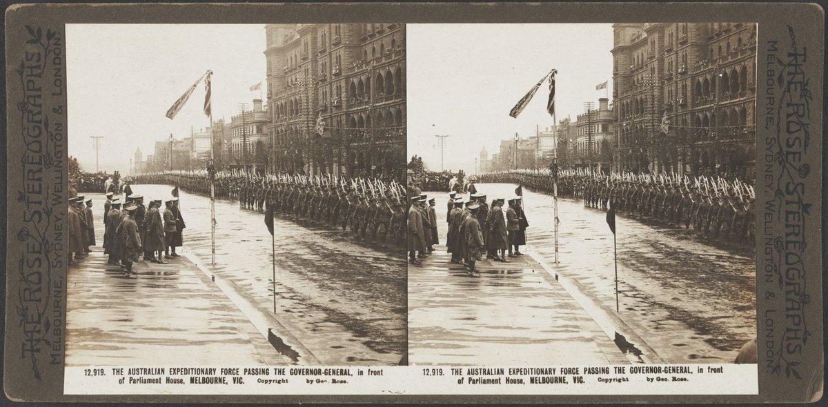 The Australian Expeditionary Force passing the Governor-General, in front on Parliament House, Melbourne, Vic, East Melbourne (1914–18)