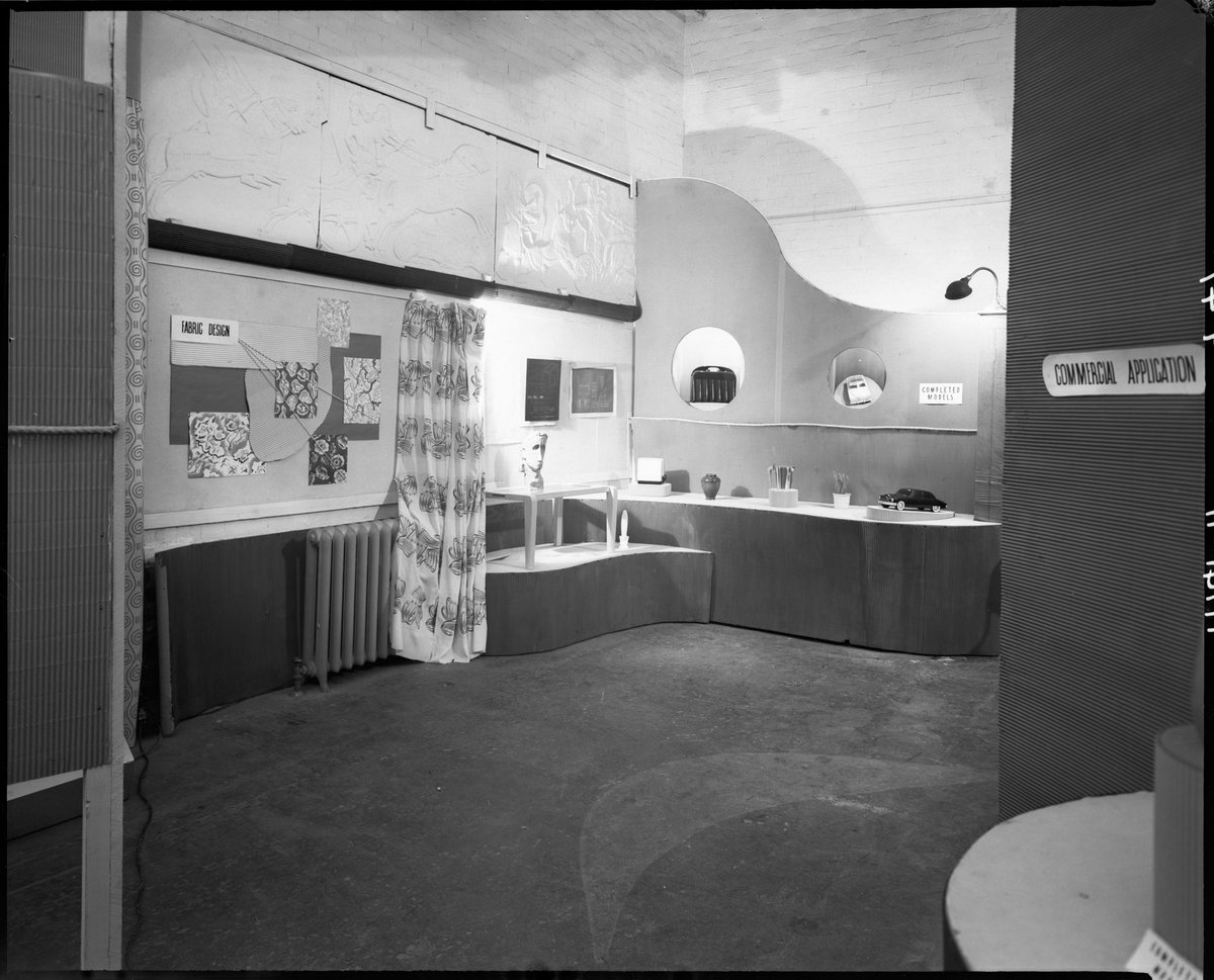 View of a display of student-designed fabrics, Melbourne Technical College (R.M.I.T) (1947)