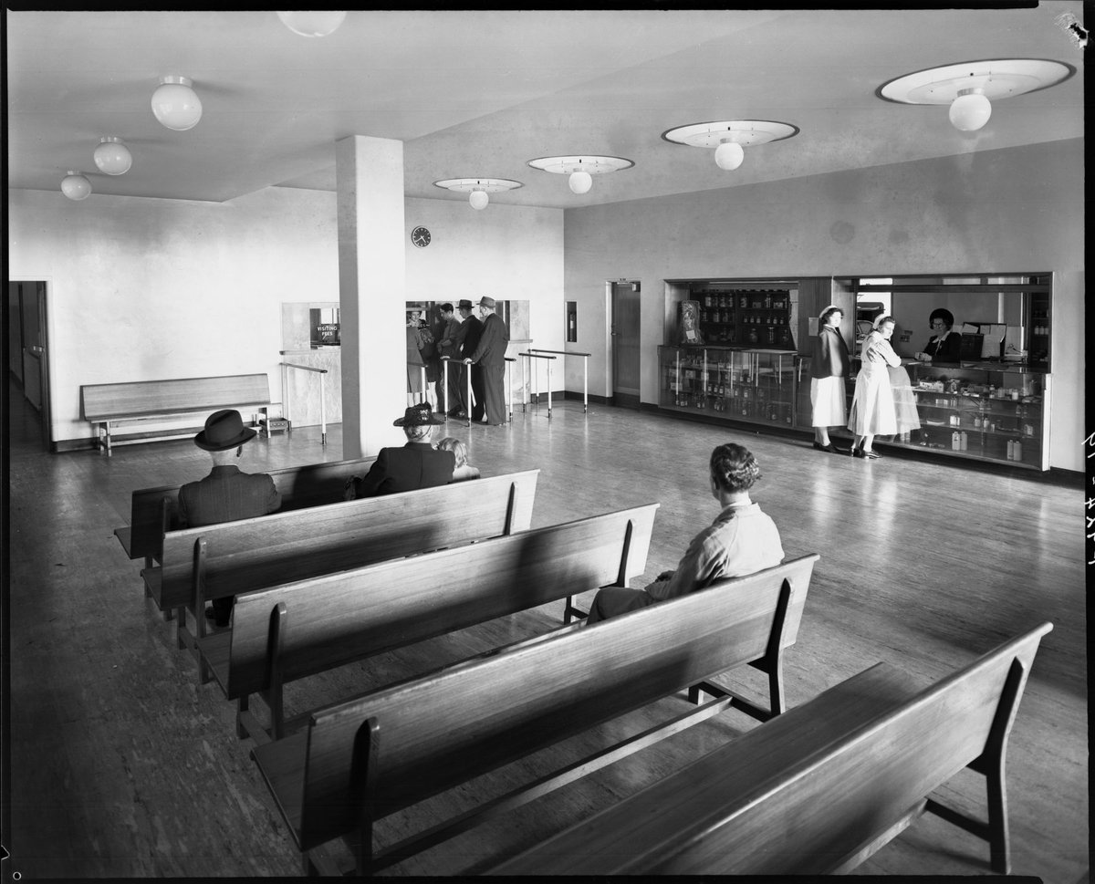 Waiting room and reception desk, Royal Melbourne Hospital, Melbourne City (1945)