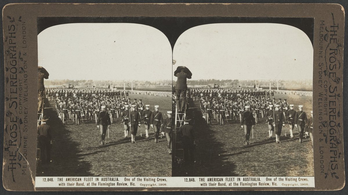 THE AMERICAN FLEET IN AUSTRALIA. One of the Visiting Crews, with their Band, at the Flemington Review, Vic (c. 1908)