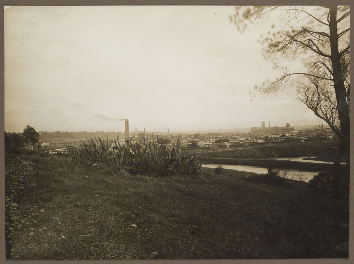 View from near Kensington Road, South Yarra, looking west, with Bryant & May at right of image; in the foreground, the Yarra River and the billabong to the east of Mary Street, Richmond. The new Church Street Bridge can be seen under construction behind the aloe (1922)