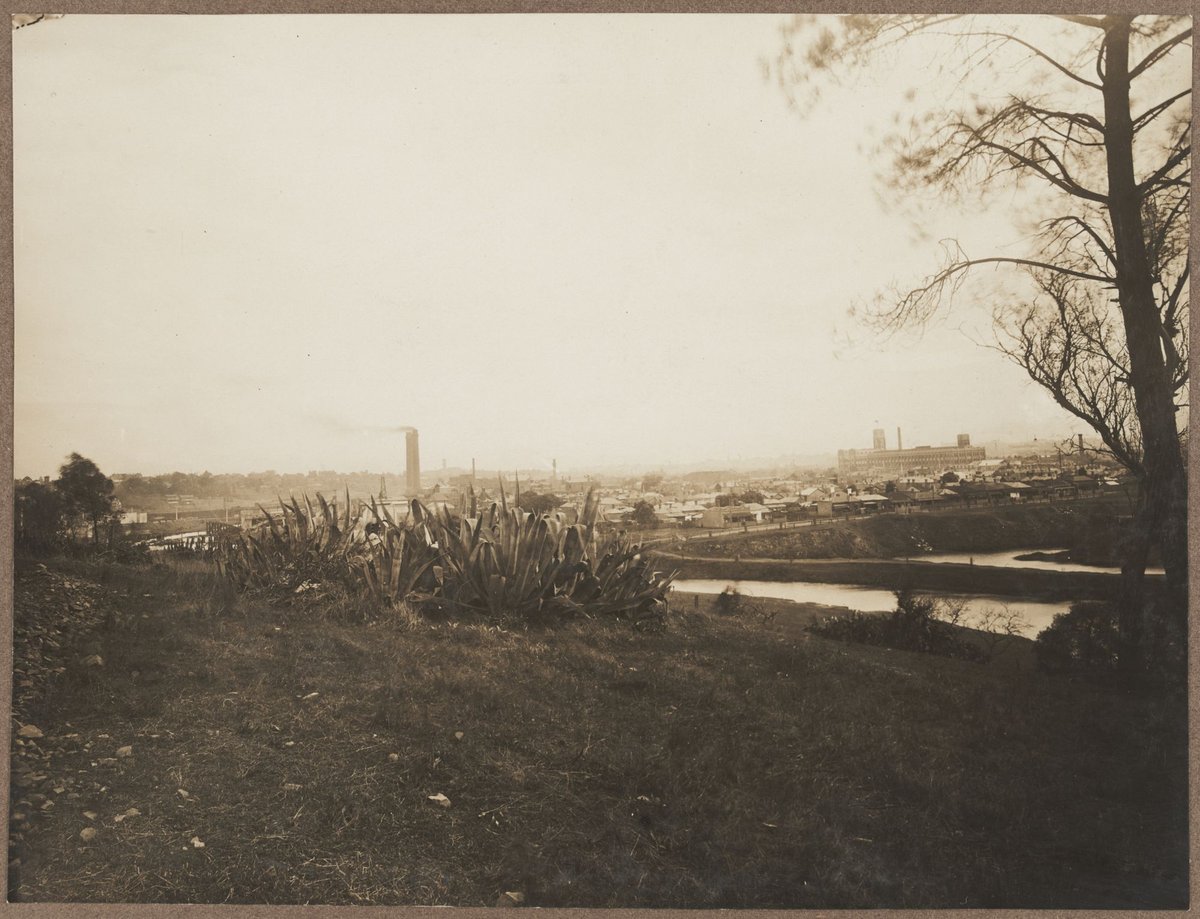 View from near Kensington Road, South Yarra, looking west, with Bryant and May at left of image; in the foreground the Yarra River and the billabong to the east of Mary Street, Richmond. The new Church Street Bridge under construction can be seen behind the aloe (1920–26)