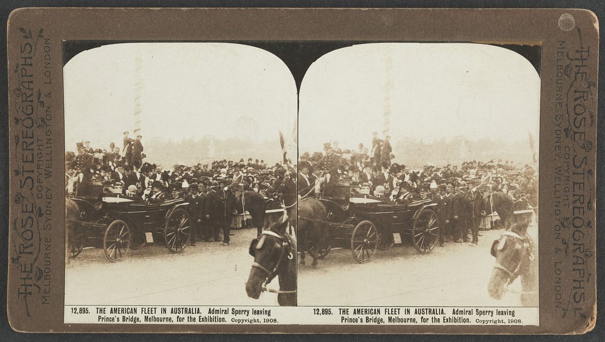 THE AMERICAL FLEET IN AUSTRALIA. [Rear-] Admiral Sperry leaving Prince's Bridge, Melbourne, for the Exhibition (c. 1908)