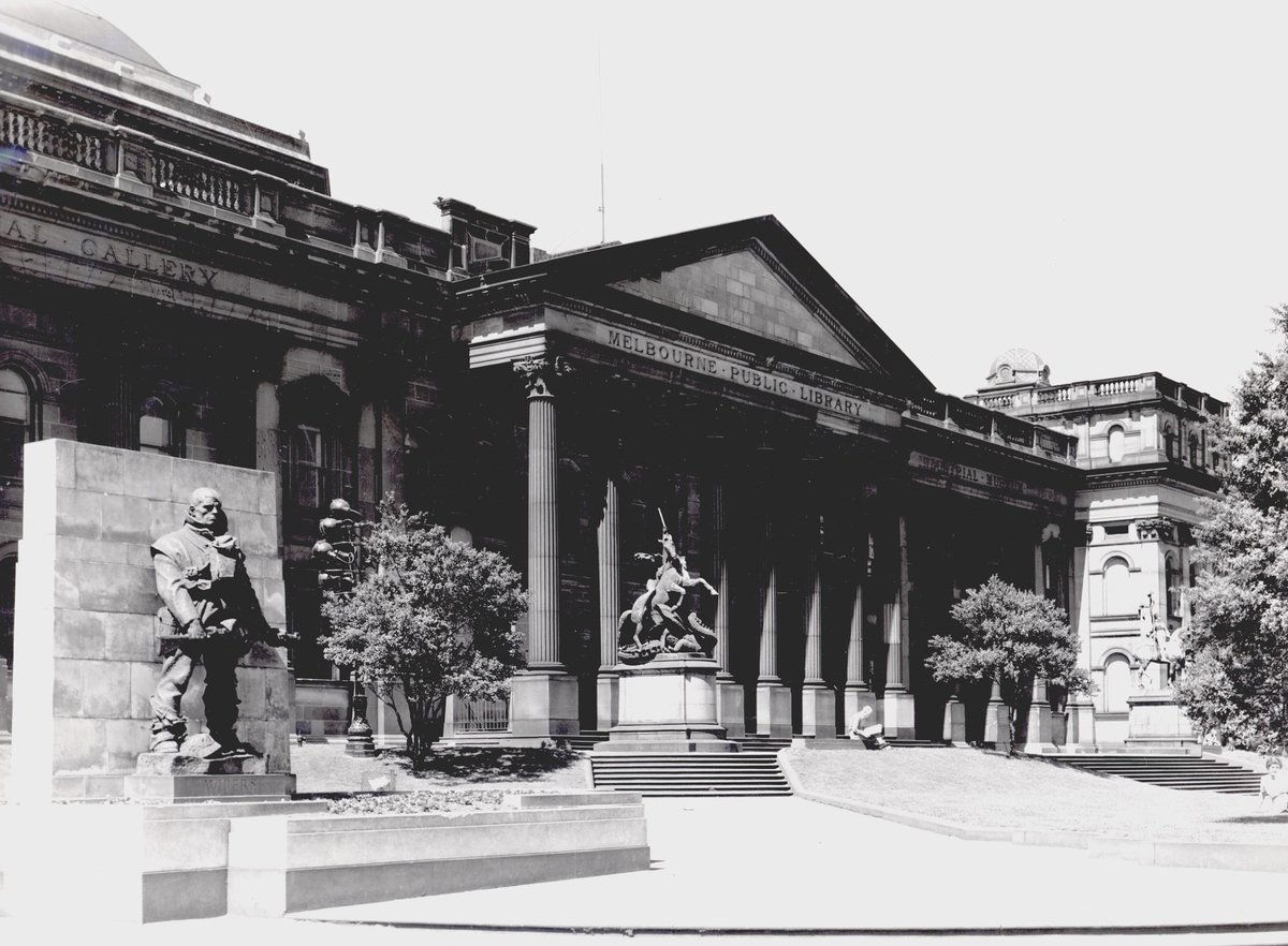 Forecourt of the Public Library of Victoria (later State Library of Victoria) from the corner of Latrobe and Swanston streets, Melbourne City (1951)