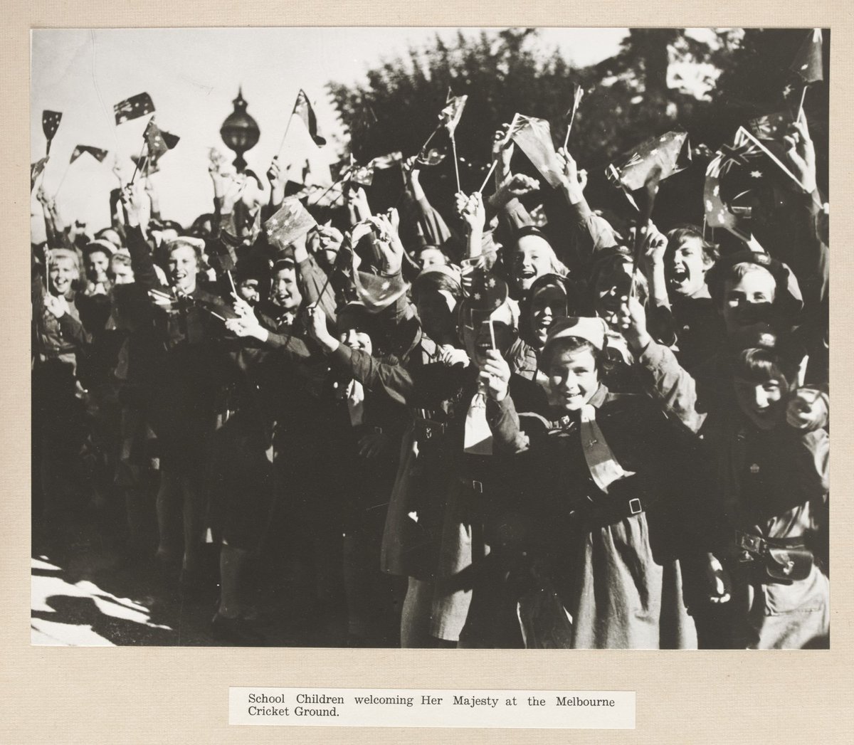 School Children welcoming Her Majesty at the Melbourne Cricket ground, East Melbourne (1954)