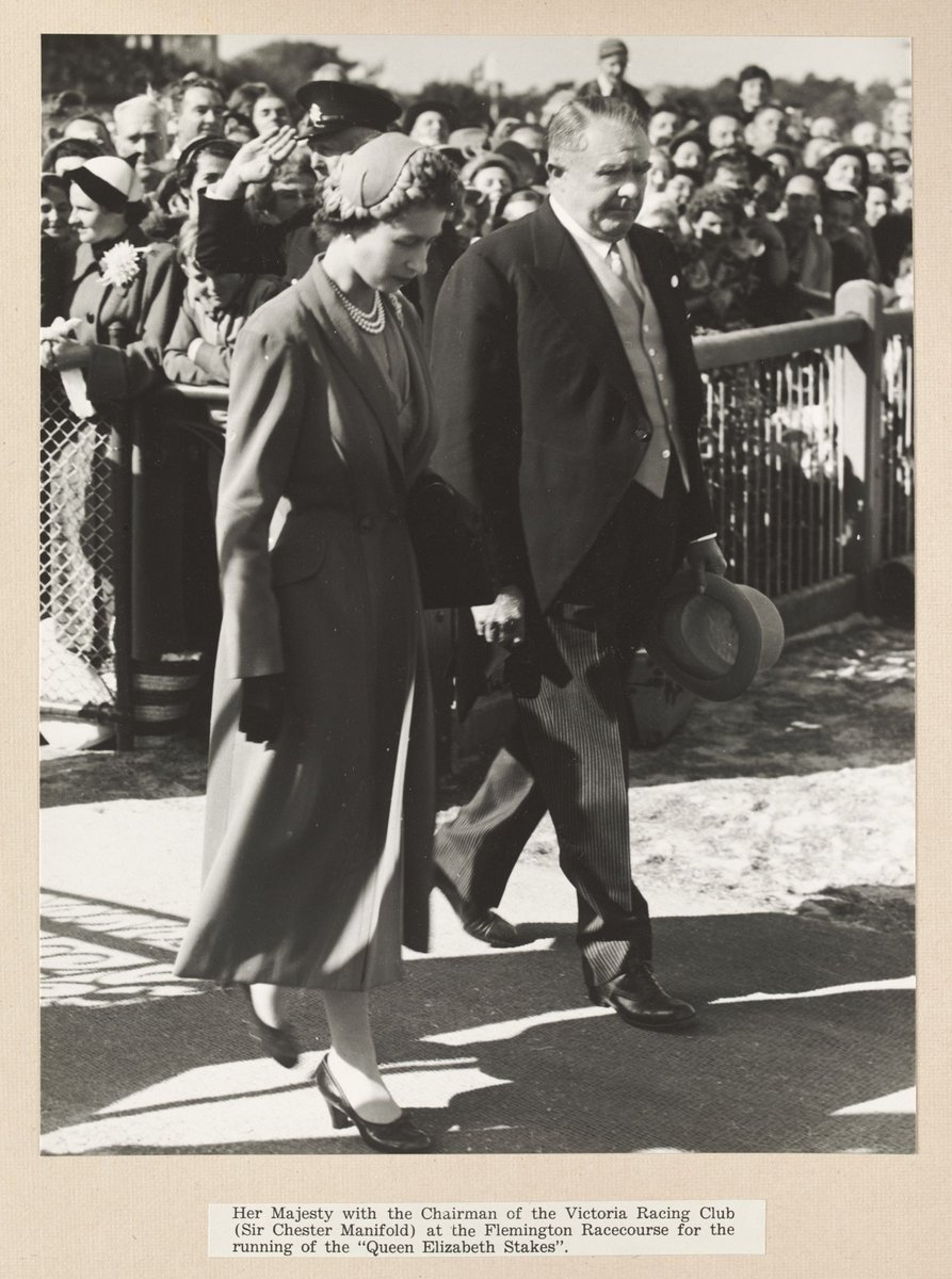 Her Majesty with the Chairman of the Victoria Racing Club (Sir Chester Manifold) at the Flemington Racecourse for the running of the "Queen Elizabeth Stakes." (1954)