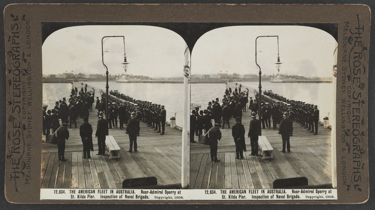THE AMERICAN FLEET IN AUSTRALIA. Rear-Admiral Sperry at St. Kilda Pier. Inspection of Naval Brigade, St Kilda (c. 1908)