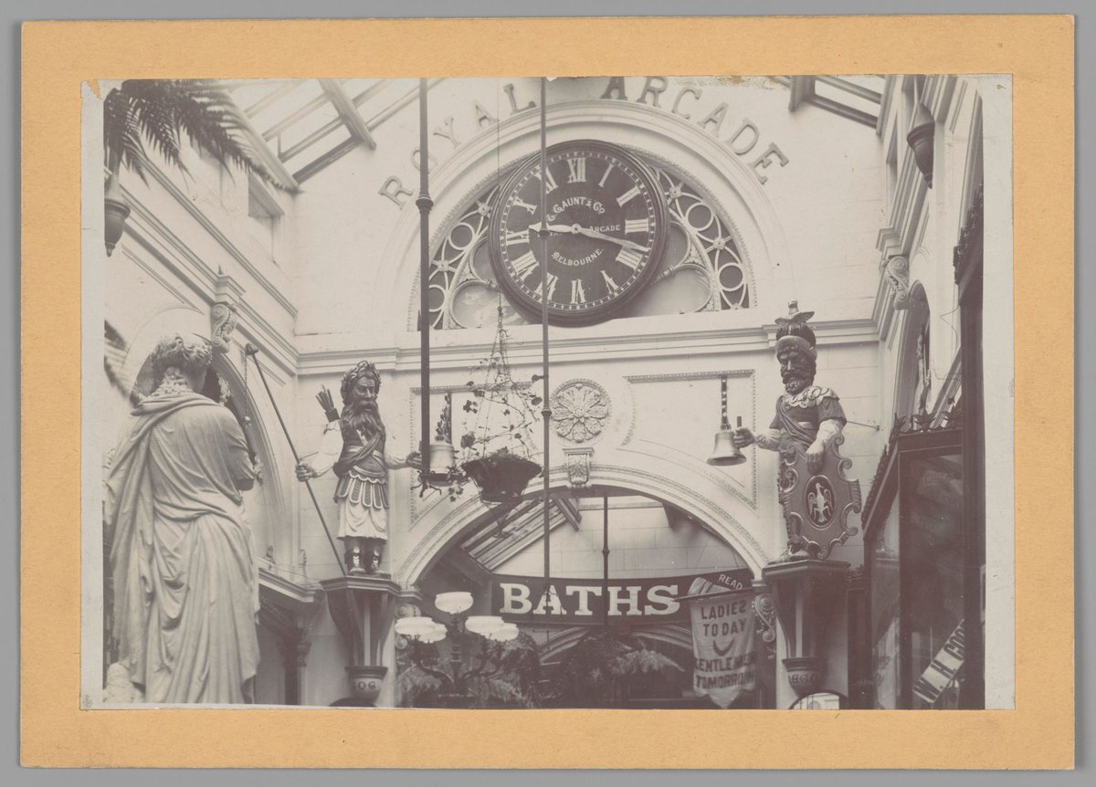 View of the clock in the Royal Arcade, Melbourne, Melbourne City (1892–1927)