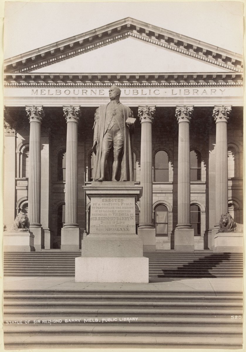 Statue of Sir Redmond Barry [by James Gilbert, completed by Percival Ball] Melb[ourne] Public Library, Melbourne City (1887)