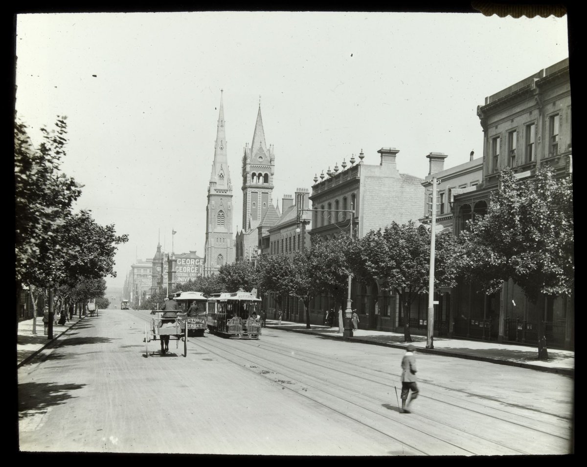 Collins St. East [church spires and cable trams], Melbourne City (1900–25)