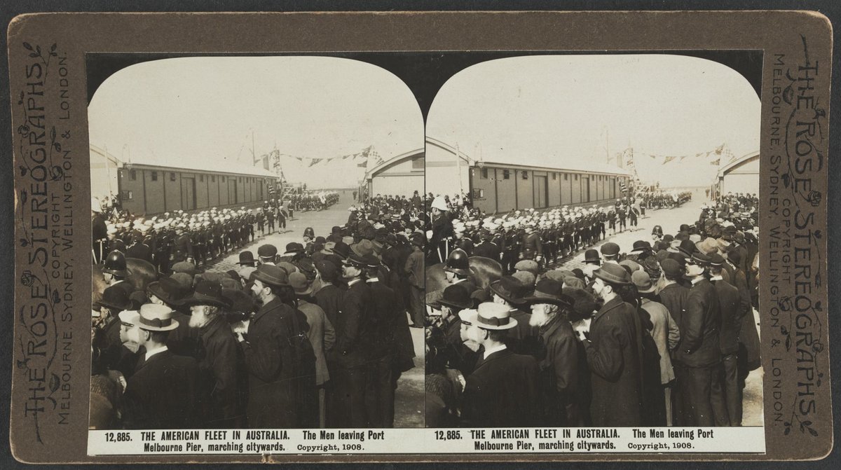 THE AMERICAN FLEET IN AUSTRALIA. The Men leaving Port Melbourne Pier, marching citywards (c. 1908)
