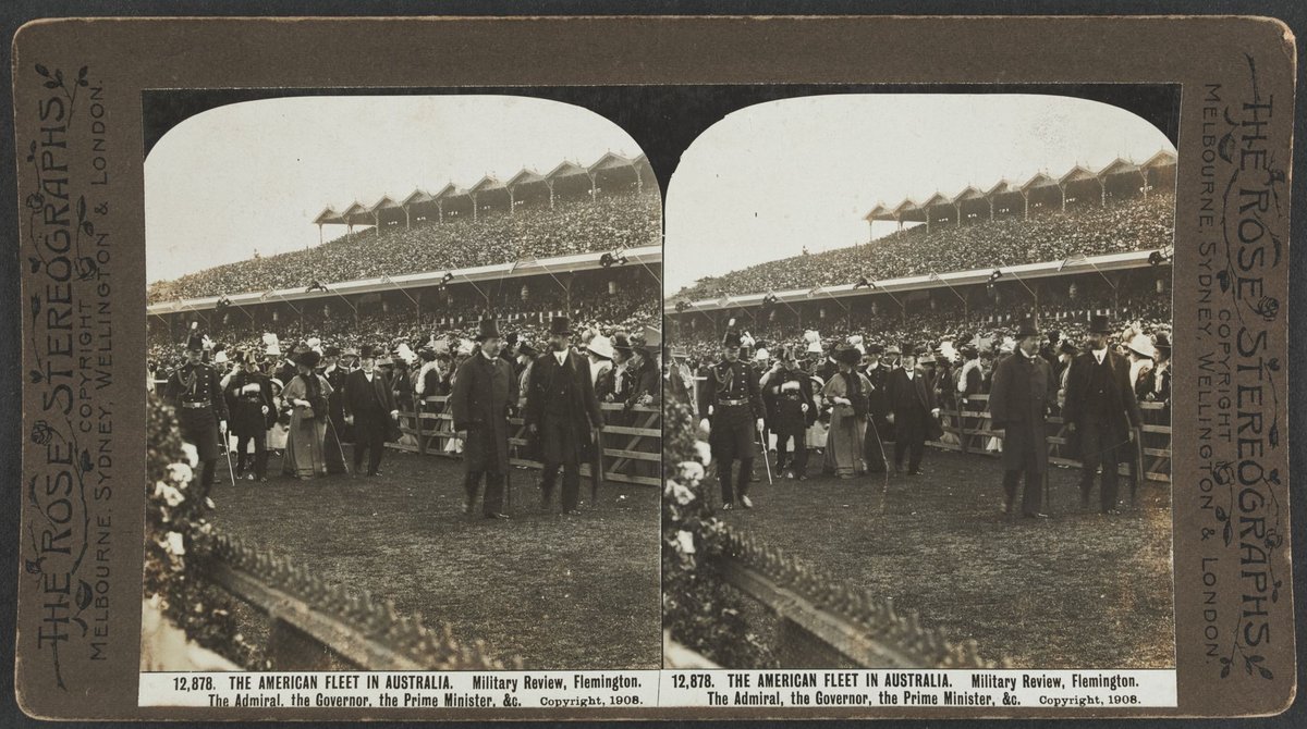 THE AMERICAN FLEET IN AUSTRALIA. Military Review, Flemington. The Admiral, the Governor, the Prime Minister &c (c. 1908)