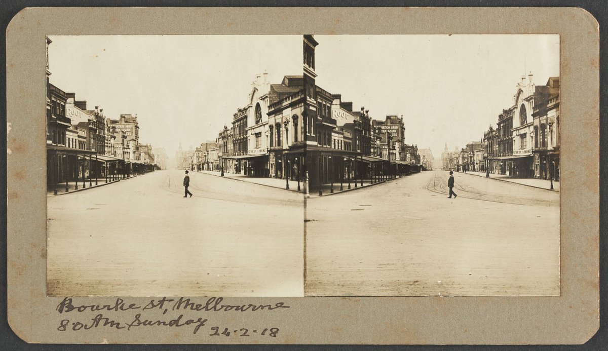 Bourke St, Melbourne, 8.0 am Sunday [near the cnr Bourke and Spring Streets], Melbourne City (1918)