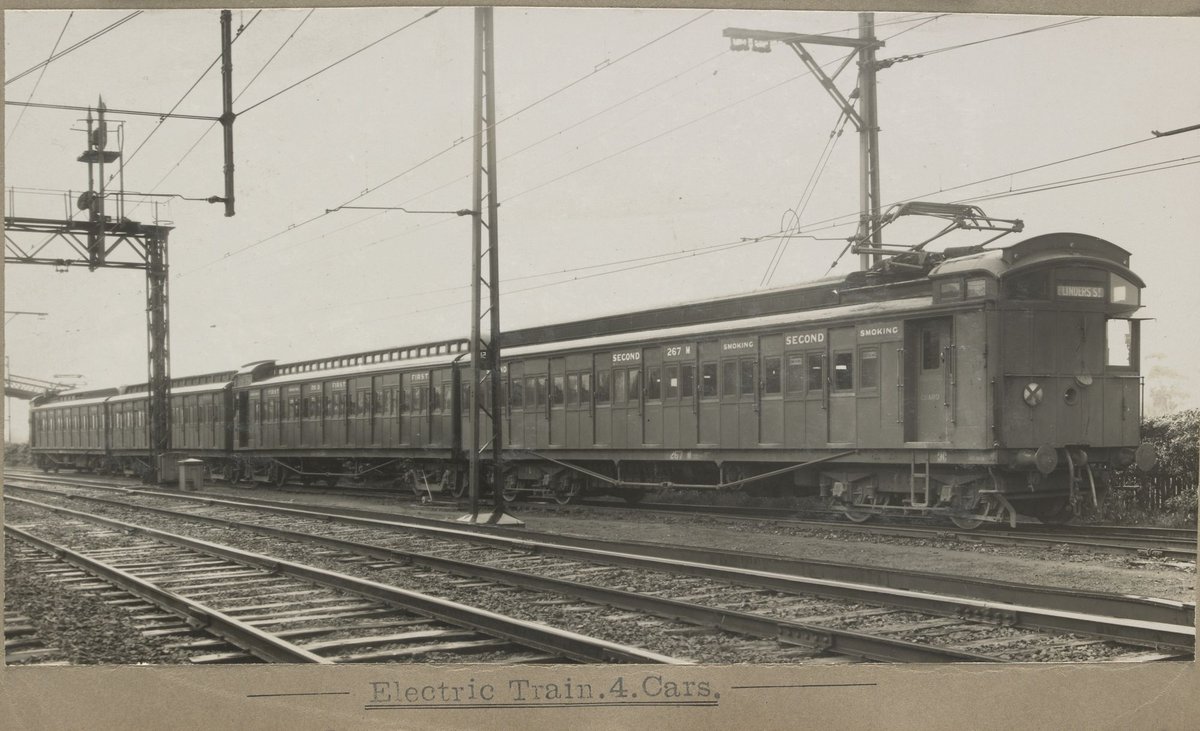 The first electric train. First trial on Flemington Racecourse Line. Sunday.6.10.1918. Electric Train.4.Cars