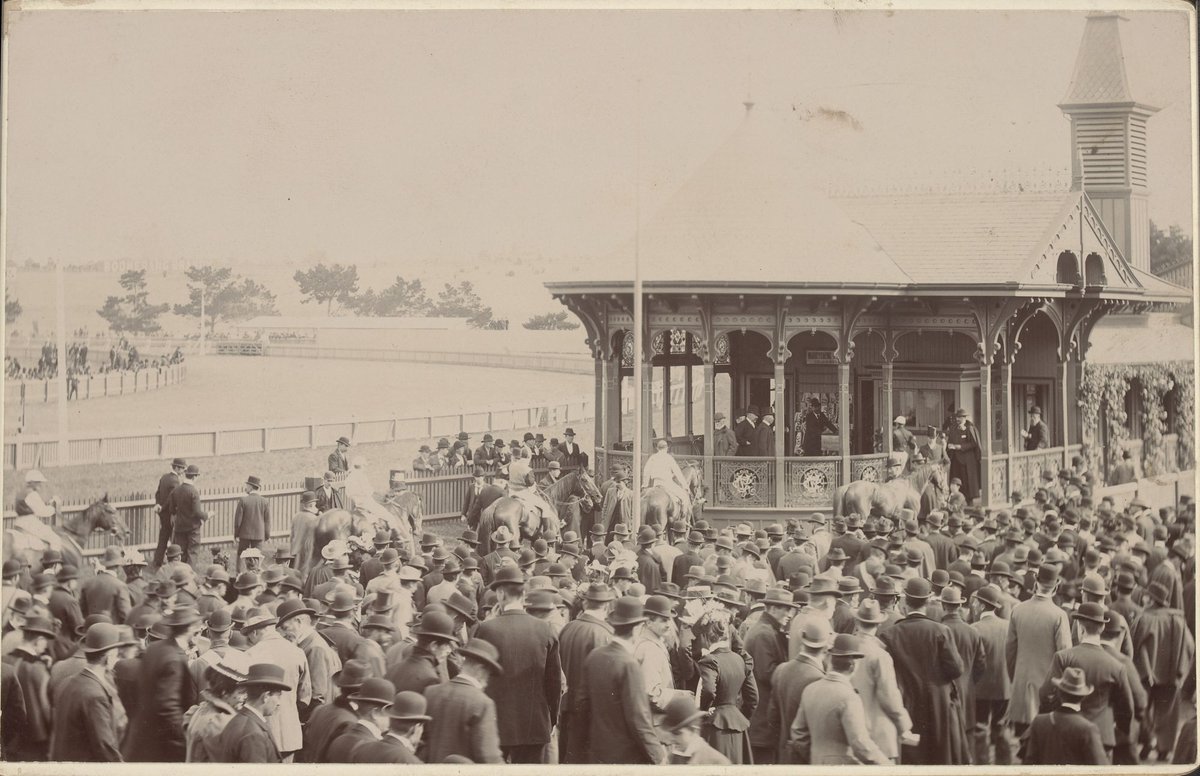 Flemington race-course, jockeys going into rooms after the race (c. 1890)