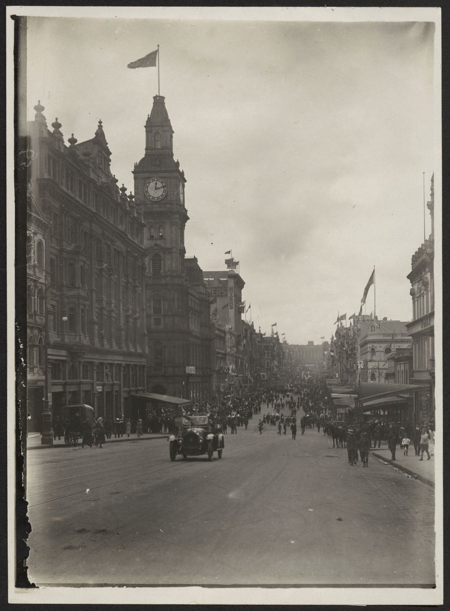 View of Bourke Street, looking across Elizabeth St, Melbourne City (1918)