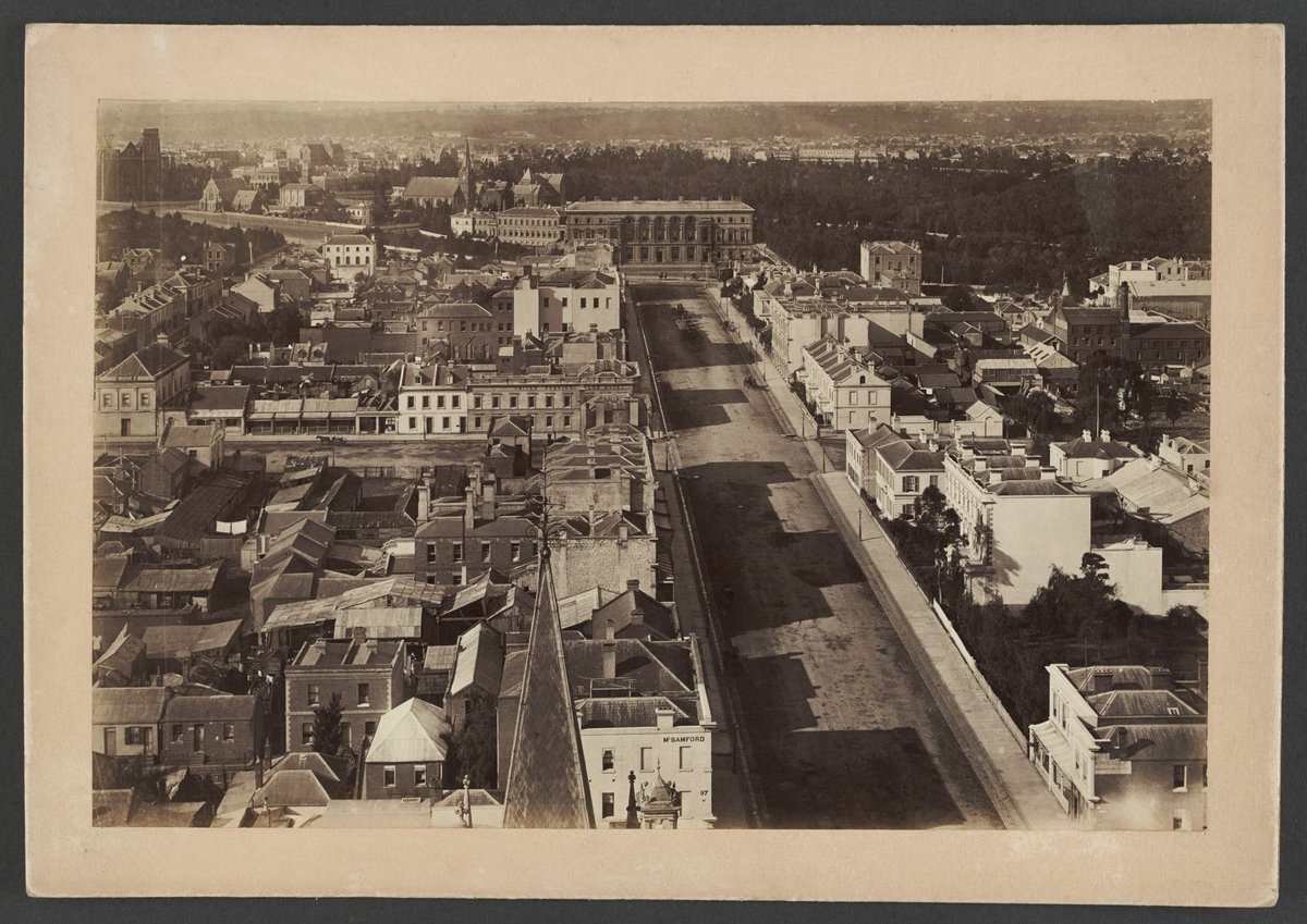Looking East showing Collins Street, Russell Street, the Independent Church spire and Treasury Building, Melbourne City (1875)
