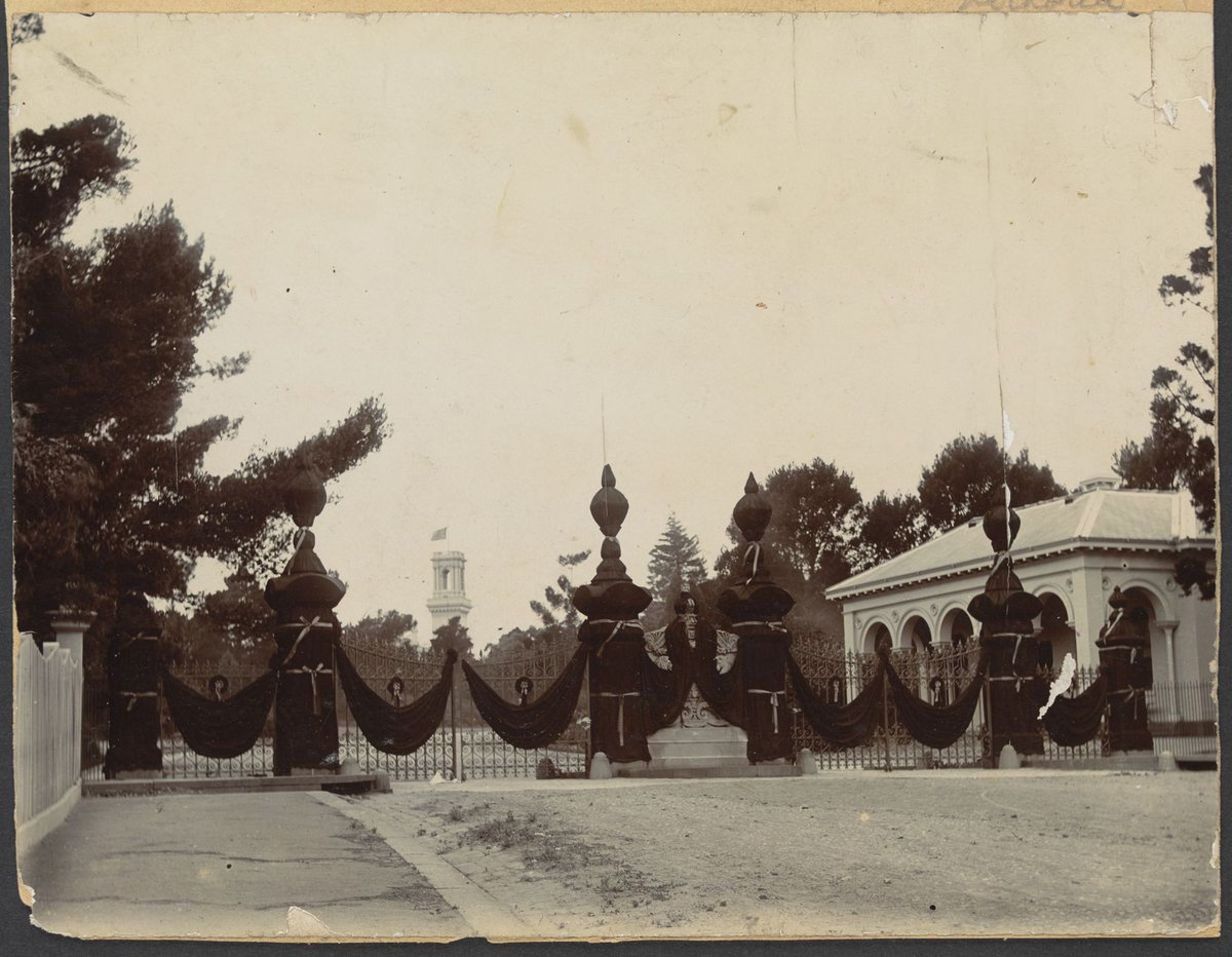 Gates of Government House, Melbourne, draped in mourning for Queen Victoria, Melbourne City (1901)