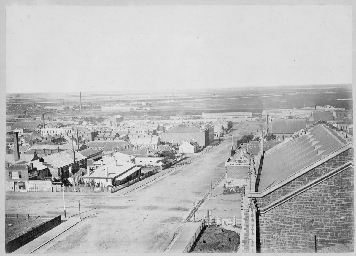Shows Lonsdale Street looking West from William Street picture : from the tower of Dr Fitzgerald's residence Lonsdale Street West, Melbourne City (1869)