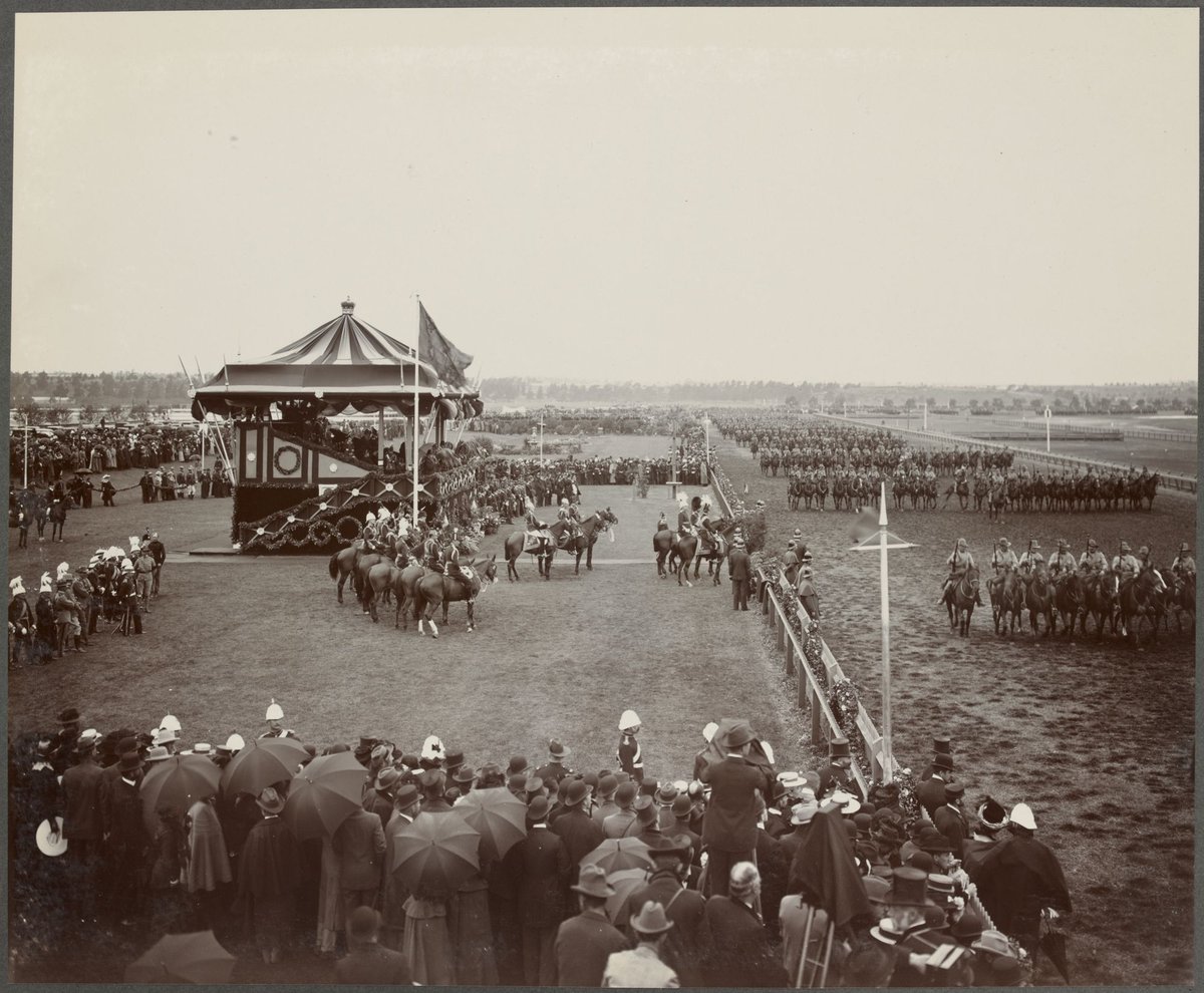 THE ROYAL REVIEW AT FLEMINGTON RACE-COURSE. Mounted Rifles marching past (1901)