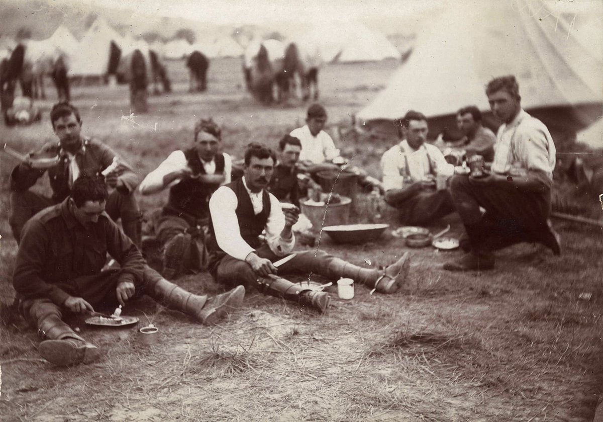 Soldiers having a meal and posed for a formal photograph Broadmeadows Army Camp (1900–10)