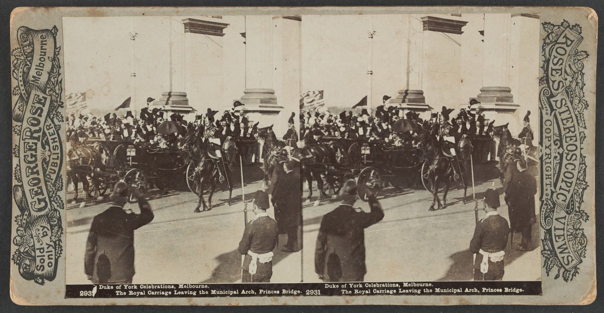 Duke of York Celebrations, Melbourne. The Royal Carriage Leaving the Municipal Arch, Princes Bridge, Melbourne City (1901)