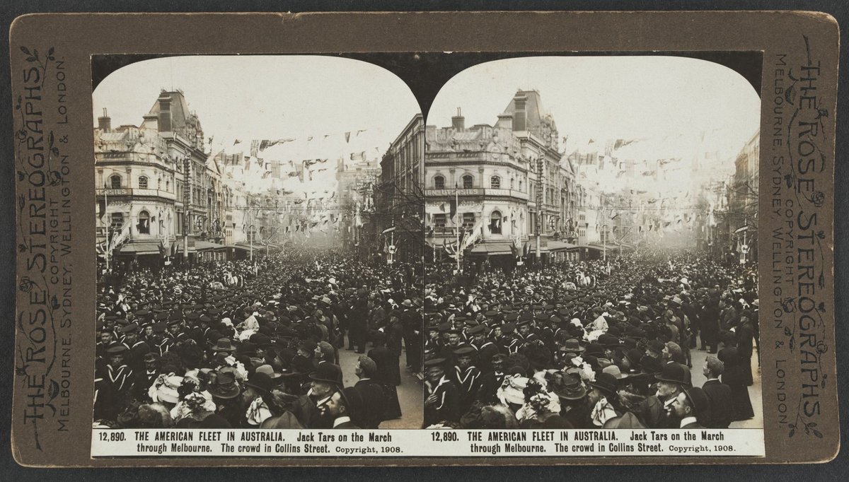THE AMERICAN FLEET IN AUSTRALIA. Jack Tars on the March through Melbourne. The crowd in Collins Street, Melbourne City (c. 1908)