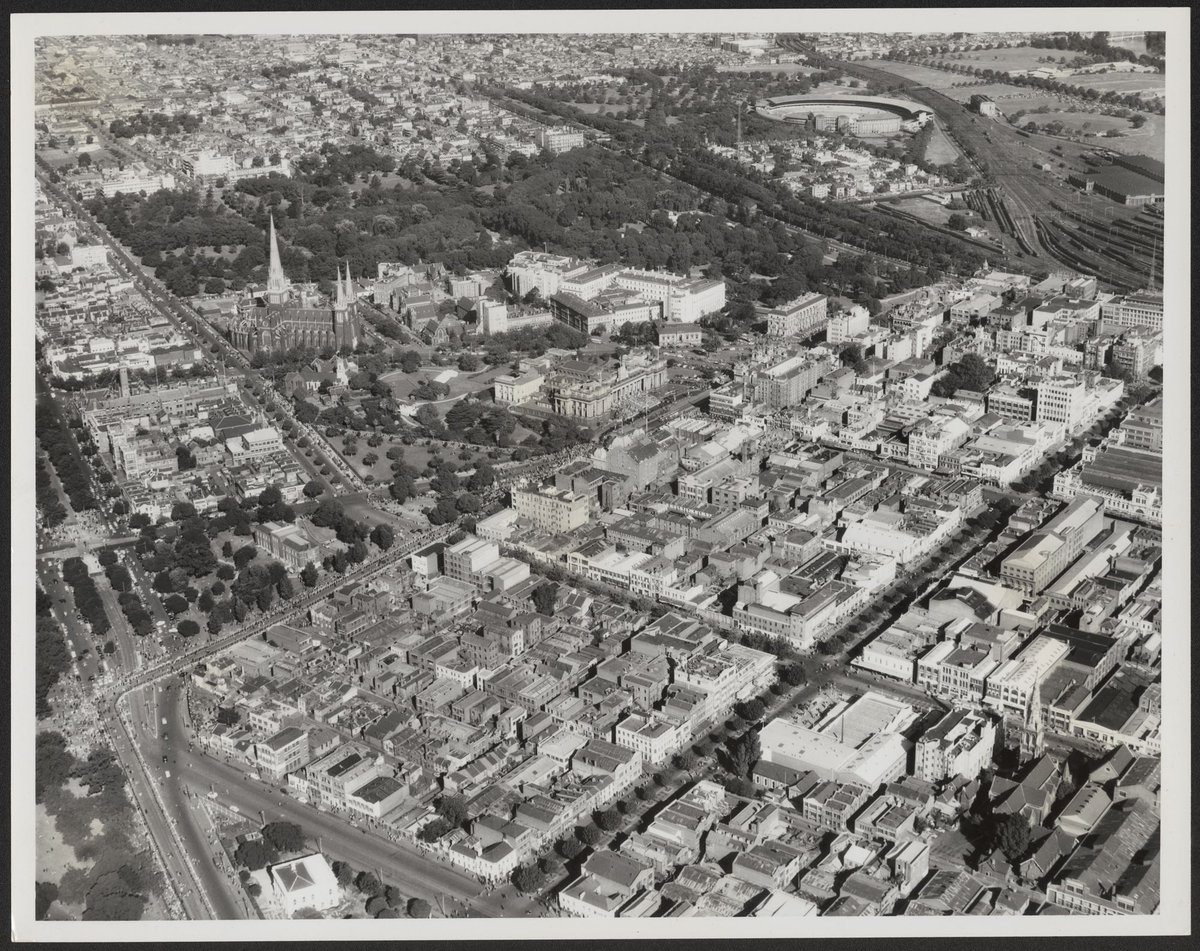 Aerial view of Melbourne looking south east Victoria (1950)