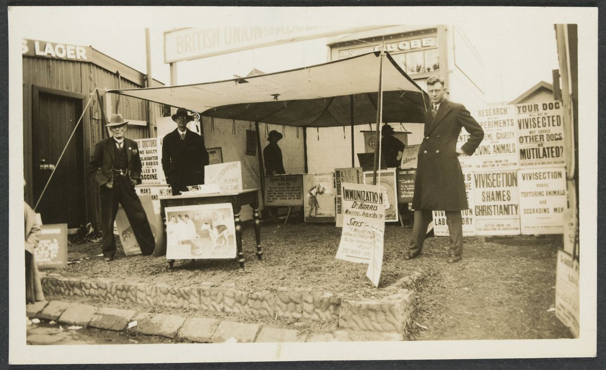 Makeshift stand in Collingwood for British Union for Abolition of Vivisection (1922?)