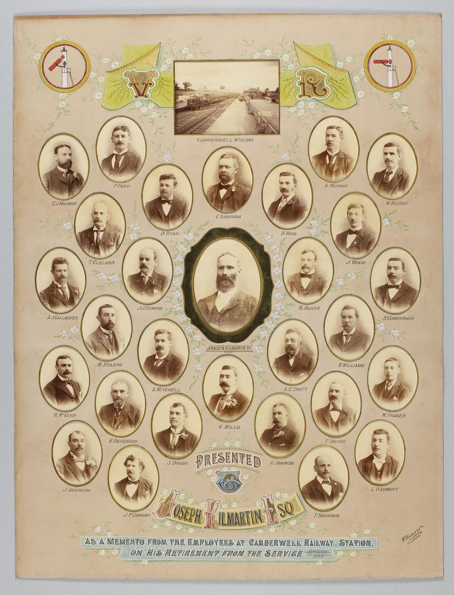 Framed photographs of Joseph Kilmartin and staff of the Camberwell Railway Station presented to Joseph Kilmartin Esq (1900)