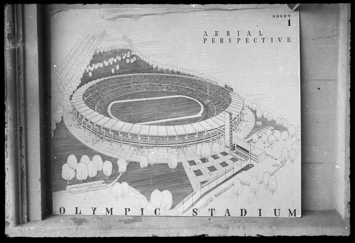 Architectural plan by Smith, Tracey, Lyon and Brock submitted in Olympic Stadium Design Competition, Melbourne, 1952. Sheet 1, Carlton North