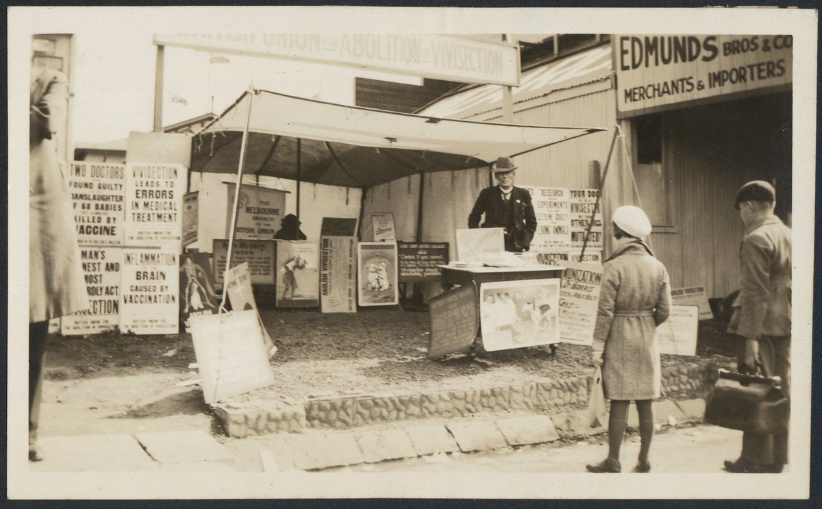 Makeshift stand in Collingwood for British Union for Abolition of Vivisection (1922?)