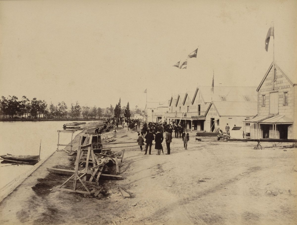 Boat builders' sheds on the Yarra River, below Princes Bridge, including James Edwards & Sons Boat Builders, Melbourne City (1888?)