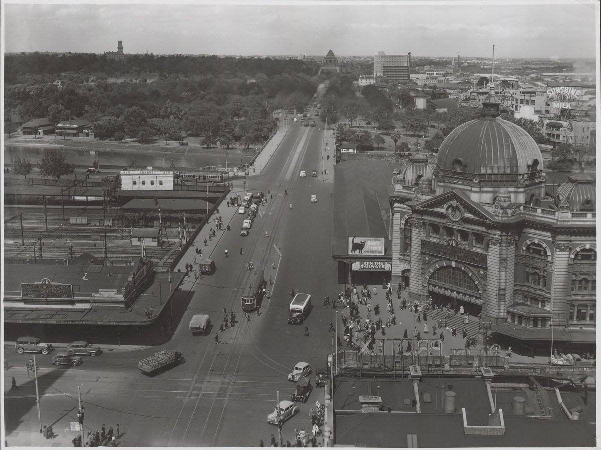Elevated view of Flinders Street Station and St. Kilda Road, Melbourne, Victoria, Melbourne City (1946–54)