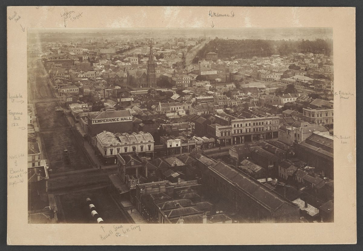 Looking North showing Russell and Bourke Streets and the Wesleyan Church, Melbourne City (1875)