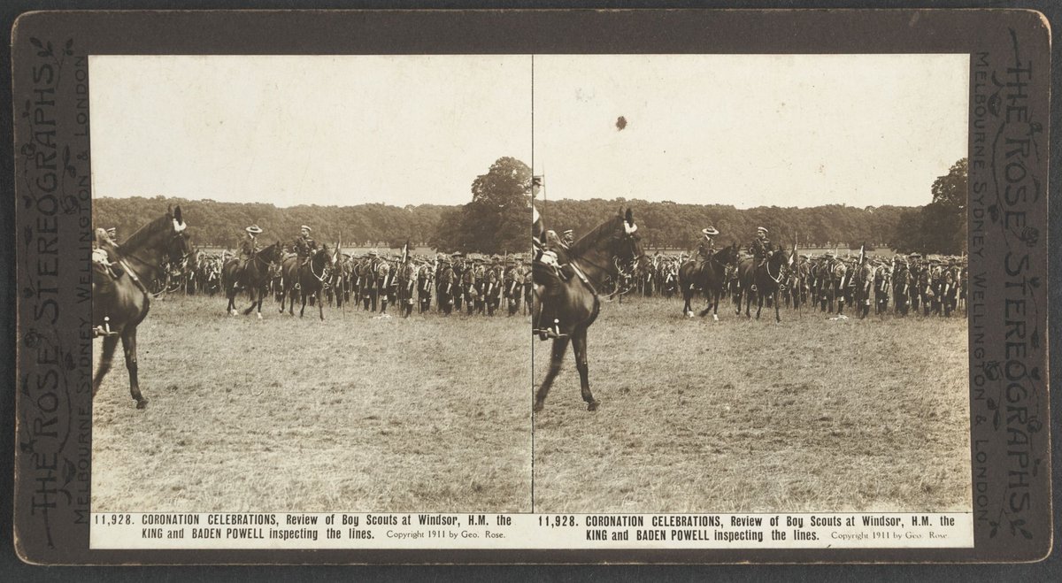 CORONATION CELEBRATIONS. Review of Boy Scouts at Windsor. H.M. the KING and BADEN POWELL inspecting the lines (c. 1911)