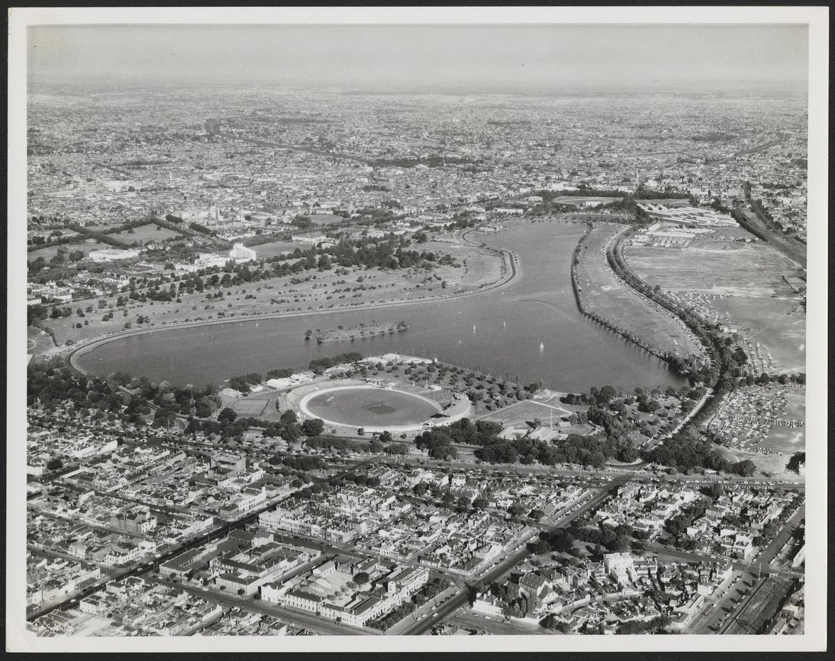 Aerial view of Albert Park Lake Melbourne Victoria (1954?)