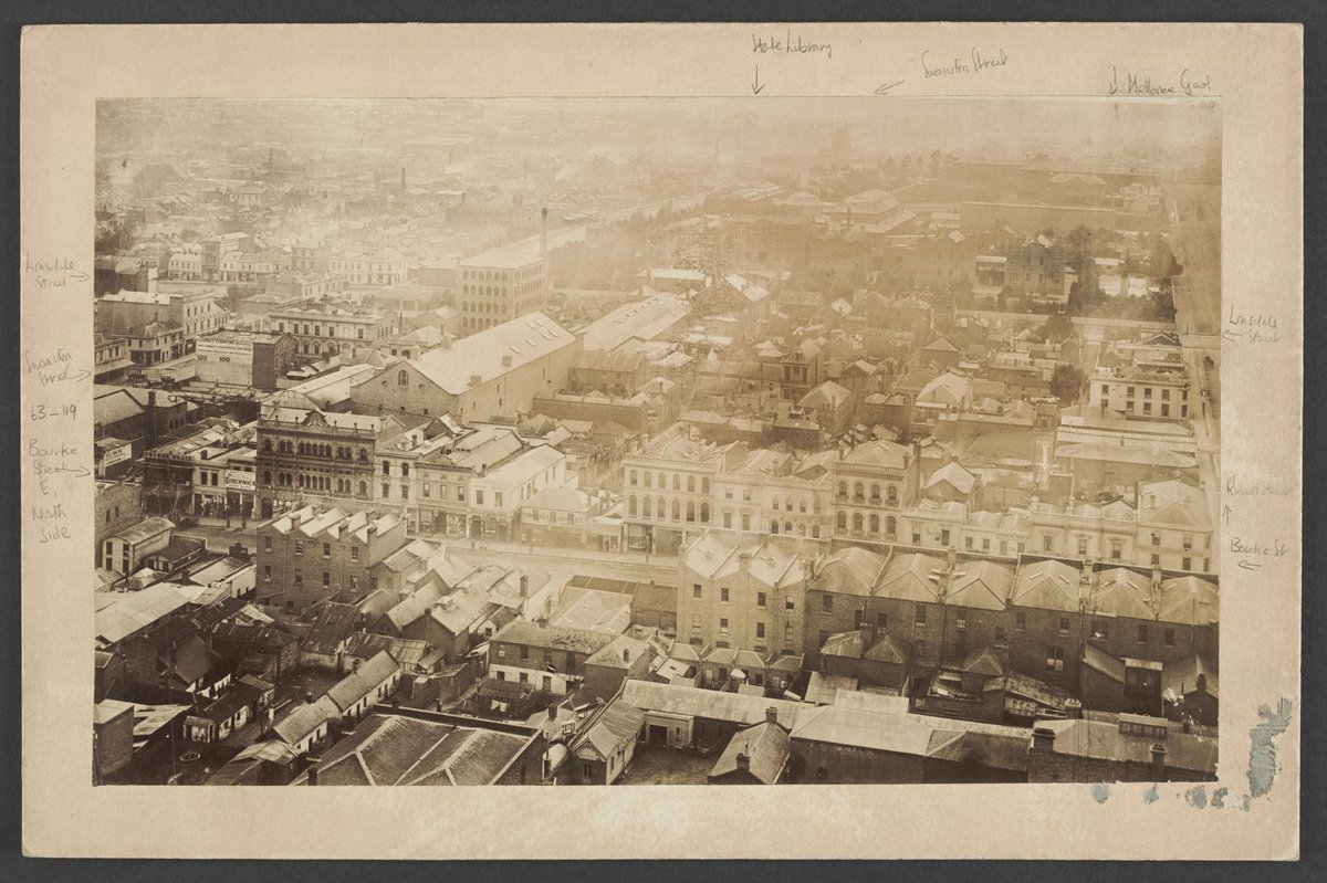 Looking North showing Bourke Street, Melbourne Hospital and the State Library, Melbourne City (1875)