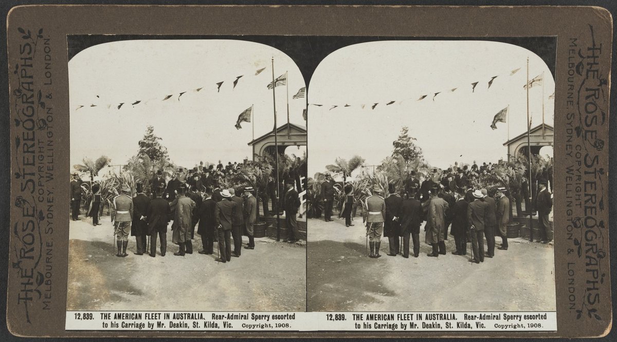 THE AMERICAN FLEET IN AUSTRALIA. Rear-Admiral Sperry escorted to his Carriage by Mr. Deakin, St. Kilda, Vic, St Kilda (c. 1908)