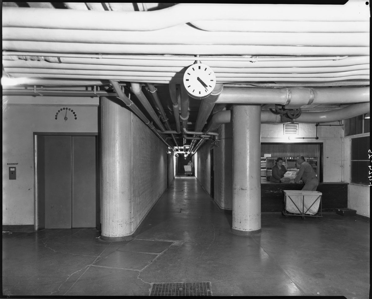 Hospital basement showing laundry collection point, Royal Melbourne Hospital, Melbourne City (1945)