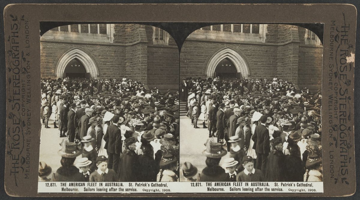 THE AMERICAN FLEET IN AUSTRALIA. St. Patrick's Cathedral, Melbourne. Sailors leaving after the service, East Melbourne (c. 1908)