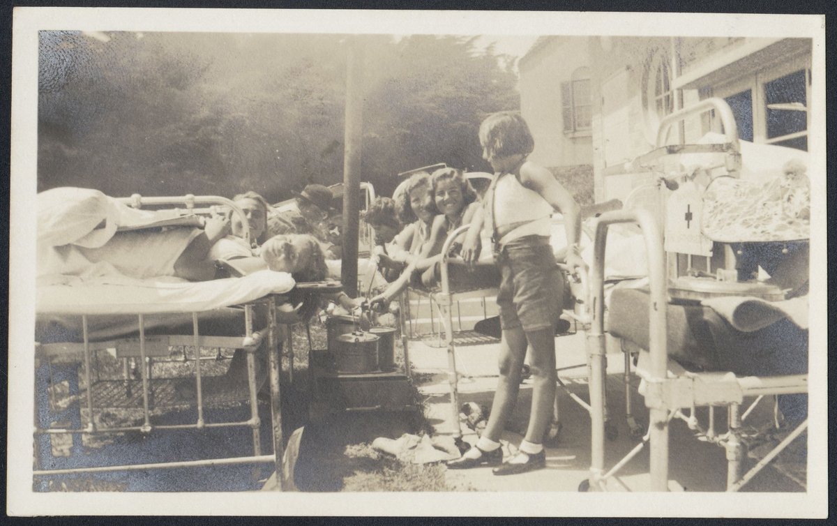 Children in hospital beds on lawn at the Children's Orthopaedic Hospital, Frankston (1937)