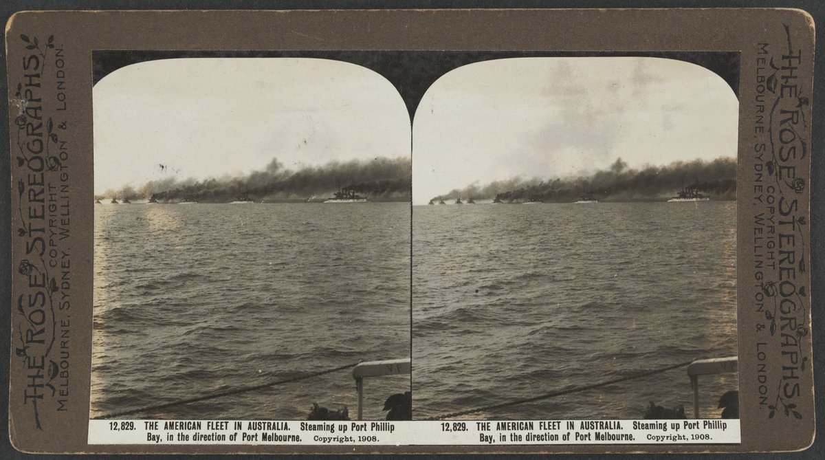 THE AMERICAN FLEET IN AUSTRALIA. Steaming up Port Phillip Bay, in the direction of Port Melbourne (c. 1908)