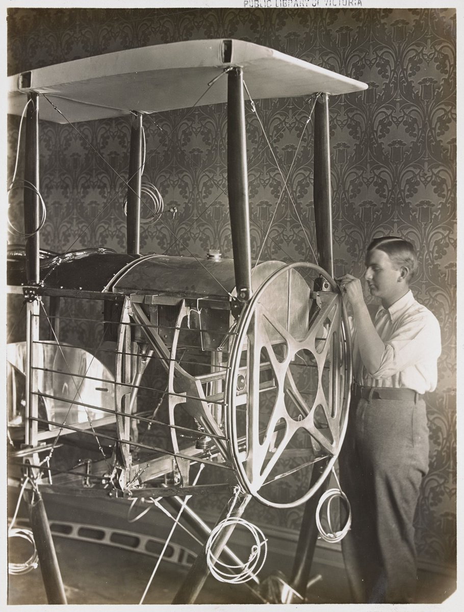 "Basil Watson assembling his aeroplane in his parents' house in St. Kilda Street, Elsternwick" (c. 1917)