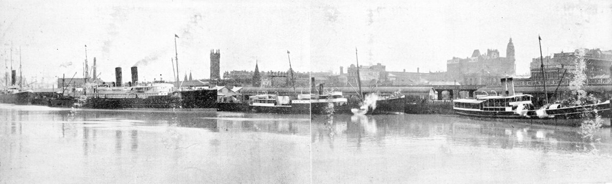View of the Upper Swinging Basin, River Yarra, showing shipping on North side (Queen's Wharf) of the River, Melbourne City (1885–1946)