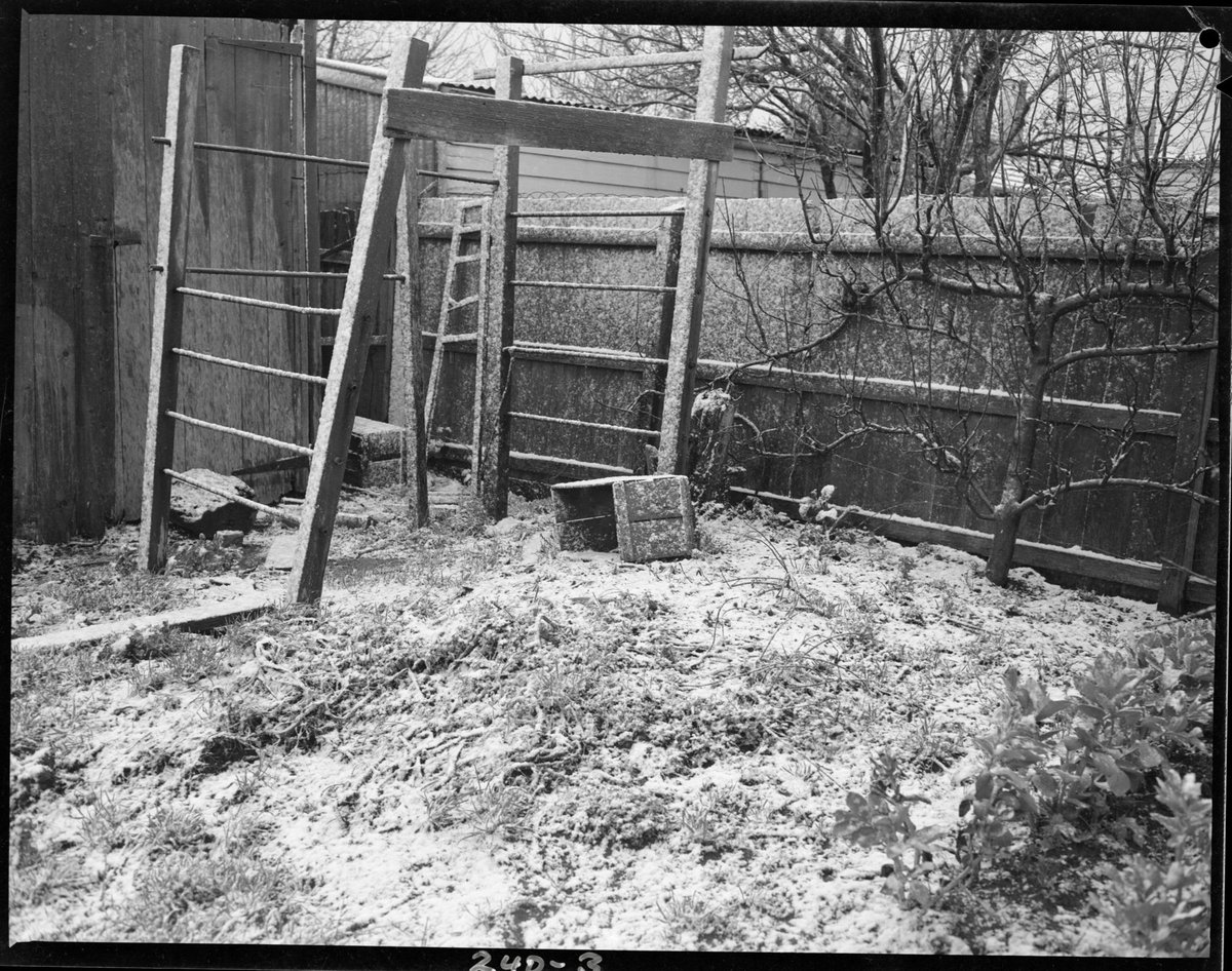 Snowfall in suburban Melbourne. Home of Alan Cannon, Caulfield, Melbourne (1951)