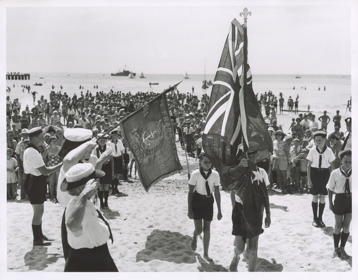 Sea Scouts carry the Australian flag at the Australia Day ceremony at Frankston (c. 1953)