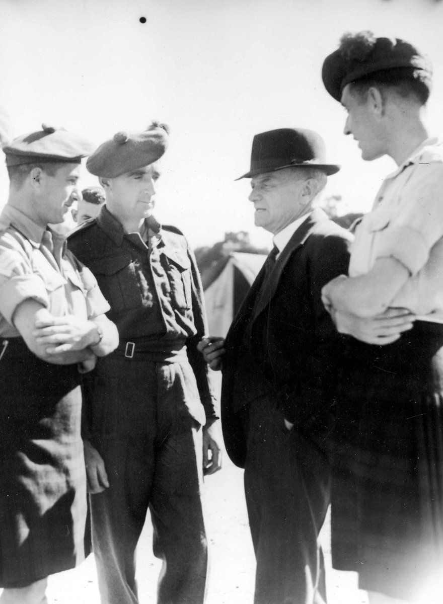 Mr. James Dewar, who joined the Black Watch in 1897, meets some of its current members in Melbourne